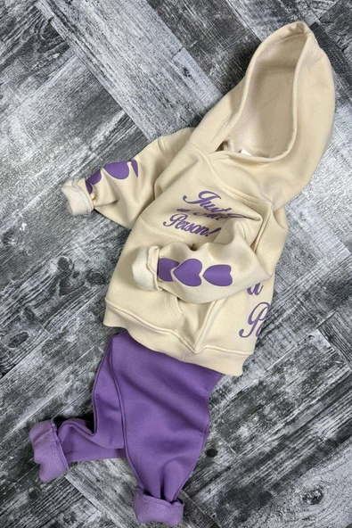 Kız Çocuk Sırt Baskılı ve Kollarında Yazı Detaylı Sweatshirt Mor Eşofman Takım - Resim 3