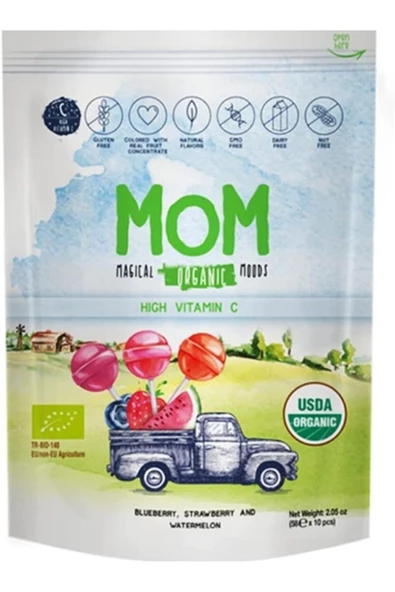 MOM Organik Lolipop (Çilek, Karpuz, Yaban Mersini ve C Vitamini) Marka: Mom