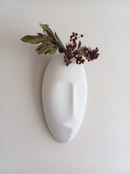 Dekoratif Maske Duvar Vazosu, Duvar Dekoru ,Heykel Duvar Süsü, Beyaz - Resim 3