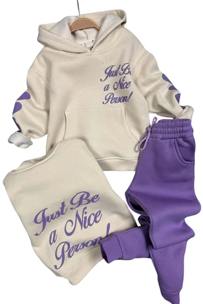 Kız Çocuk Sırt Baskılı ve Kollarında Yazı Detaylı Sweatshirt Mor Eşofman Takım - Resim 7