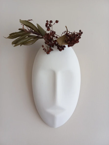 Dekoratif Maske Duvar Vazosu, Duvar Dekoru ,Heykel Duvar Süsü, Beyaz - Resim 2
