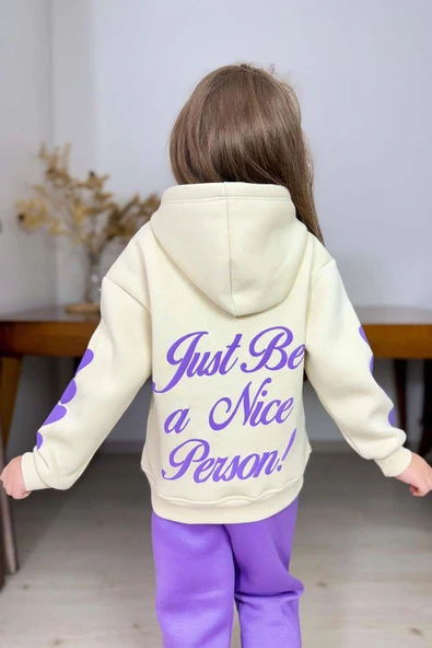 Kız Çocuk Sırt Baskılı ve Kollarında Yazı Detaylı Sweatshirt Mor Eşofman Takım - Resim 2