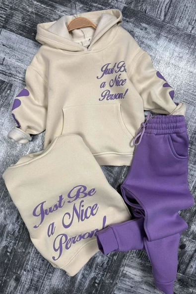 Kız Çocuk Sırt Baskılı ve Kollarında Yazı Detaylı Sweatshirt Mor Eşofman Takım - Resim 4