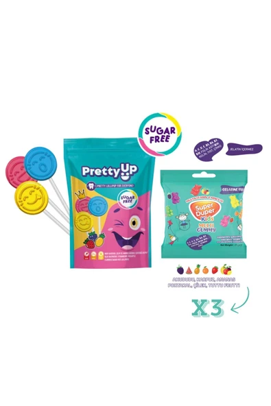 Super Duper Mutlivitamin ve Mineralli Jelibon (Kids Multi Gummy) 20gx3 & Pretty Up Şekersiz Lolipop 55g ürün görseli 1