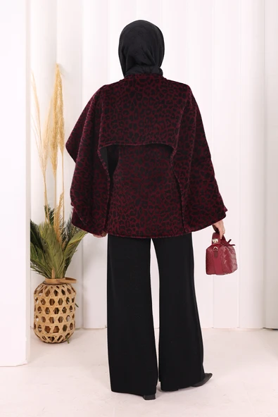 Atkı Detay Leoparlı Panço 70061-1 Bordo - Resim 3