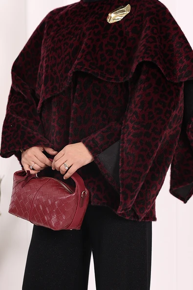 Atkı Detay Leoparlı Panço 70061-1 Bordo - Resim 6