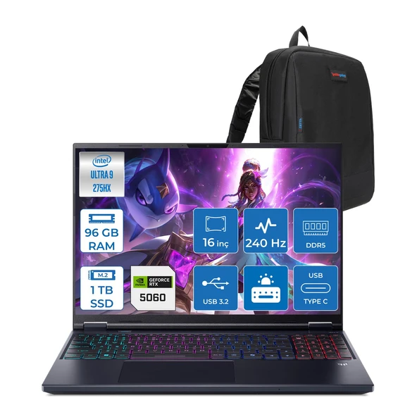 Acer Predator Helios Neo 16 Aı Intel®core™ Ultra 9 275HX 96GB Ddr5 1tb SSD 8GB/RTX5060 115W 16" 2560 x 1600 Wqxga 240HZ  Freedos Gaming Bilgisayar. NHQVUEY001F28+ZETTAÇANTA ürün görseli