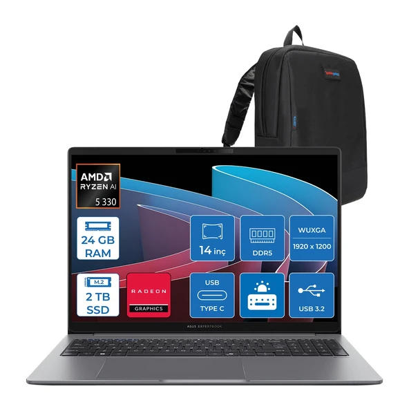 Asus Expertbook P3 PM3406CKA Ryzen Aı 5-330 24GB Ddr5 2tb SSD Radeon 820M 14.0-Inch, Wuxga (1920 x 1200) 300NITS Freedos Taşınabilir Bilgisayar PM3406CKA5F04+ZETTAÇANTA ürün görseli 1