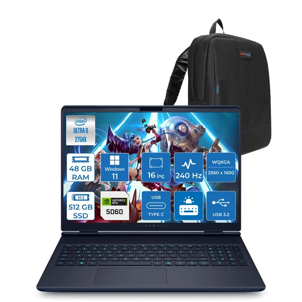 Dell Alienware 16X Aurora AC16251 Ultra 9 275HX Ddr5 48GB 512GB SSD 8GB/RTX5060 115W 16INÇ Wqxga 240Hz 500NITS WINDOWS11PRO Gaming Laptop AC162515060P17+ZETTAÇANTA ürün görseli 1