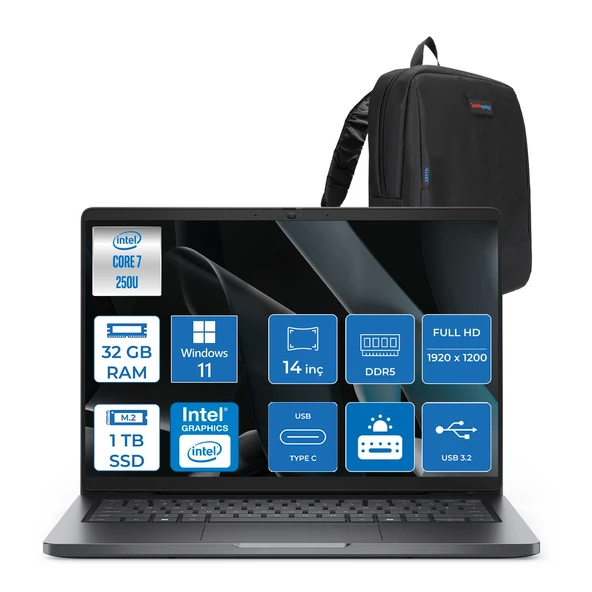 Dell Pro 14 PC14250  Intel Core 7 250U 32GB Ddr5 1tb SSD 14 Fhd+ IPS (1920X1200) 300 Nits WIN11PRO Taşınabilir Bilgisayar. PC14250C7325P08+ZETTAÇANTA ürün görseli