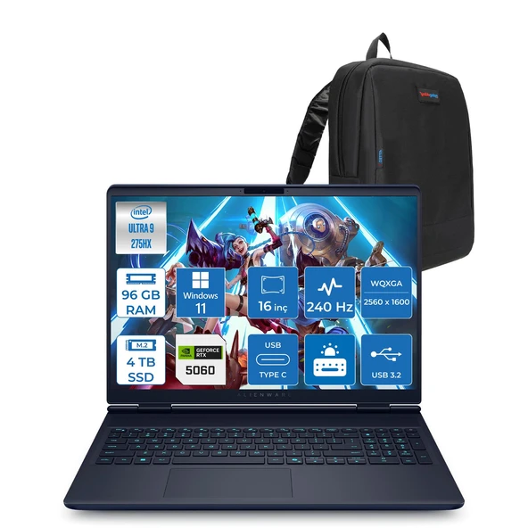 Dell Alienware 16X Aurora AC16251 Ultra 9 275HX Ddr5 96GB 4tb SSD 8GB/RTX5060 115W 16INÇ Wqxga 240Hz 500NITS WINDOWS11PRO Gaming Laptop AC162515060P47+ZETTAÇANTA ürün görseli 1