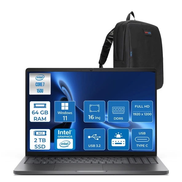 Dell Pro 16 PC16250 Intel Core 7 150U 64GB Ddr5 2tb SSD 16 Fhd+ IPS (1920X1200) 300 Nits WIN11PRO Taşınabilir Bilgisayar. PC16250C7165P19+ZETTAÇANTA
