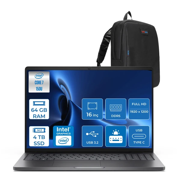 Dell Pro 16 PC16250 Intel Core 7 150U 64GB Ddr5 4tb SSD 16 Fhd+ IPS (1920X1200) 300 Nits Freedos Taşınabilir Bilgisayar. PC16250C7165F20+ZETTAÇANTA ürün görseli