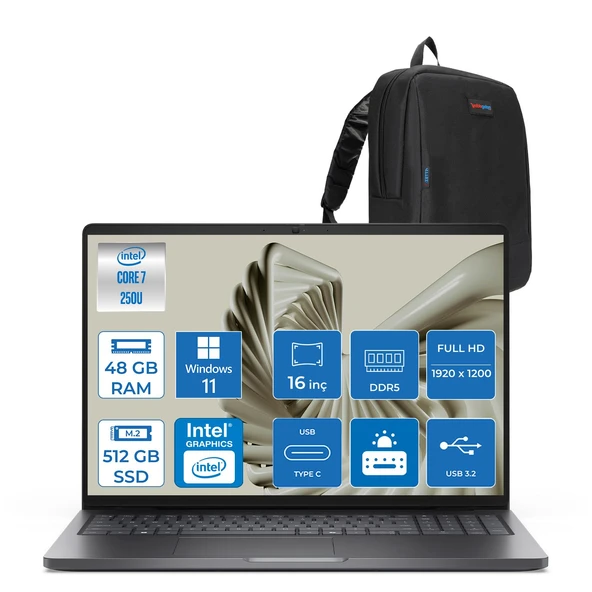 Dell Pro 16 PC16250 Intel Core 7 250U 48GB Ddr5 512GB SSD 16 Fhd+ IPS (1920X1200) 300 Nits WIN11HOME Taşınabilir Bilgisayar. PC16250C7325H12+ZETTAÇANTA