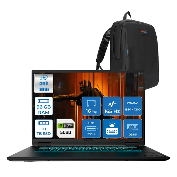 Gıgabyte Gamıng A16CVH Intel® Core™ I7-13620H Ddr5 96GB 1tb Ssd+1tbssd 16INÇ 8GB/RTX5060 IPS Wuxga (1920X1200) 165Hz, 300NITS Freedos Gaming Laptop WA16CVHF44+ZETTAÇANTA ürün görseli 1