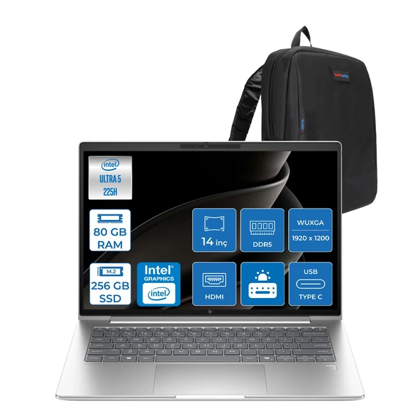 Hp Elitebook 6 G1I Intel® Core Ultra 5 225H 80GB Ddr5 256GB SSD 14" Wuxga (1920 x 1200), IPS 300NITS  Freedos Taşınabilir Bilgisayar B93W3AWF21+ZETTAÇANTA