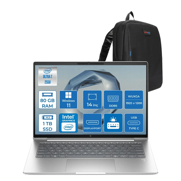 Hp Elitebook 6 G1I Intel® Core Ultra 7 255U 80GB Ddr5 1tb SSD 14" Wuxga (1920 x 1200), IPS 400 Nits  WIN11HOME Taşınabilir Bilgisayar C9XW2ETH23+ZETTAÇANTA ürün görseli 1