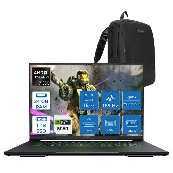 Gıgabyte Aero X16 Amd Ryzen Aı Ryzen7 350 24GB Ddr5 1tb SSD 8GB/RTX5060 16" IPS Wqxga 165Hz Windows 11 Pro Taşınabilir Bilgisayar 1VH93TRC94DHP06 + Zettaçanta ürün görseli 1