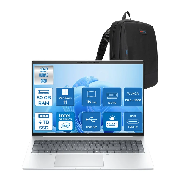 Hp Elitebook 8 G1I Intel® Core Ultra 7 255U 80GB Ddr5 4tb SSD 16" Wuxga (1920X1200) IPS 300NIT WIN11HOME Taşınabilir Bilgisayar C9FG8ETH25+ZETTAÇANTA ürün görseli 1
