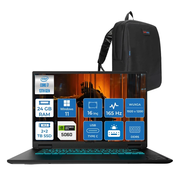 Gıgabyte Gamıng A16CVH Intel® Core™ I7-13620H Ddr5 24GB 2tb Ssd+2tb SSD 16INÇ 8GB/RTX5060 IPS Wuxga (1920X1200) 165Hz, 300NITS WINDOWS11HOME Gaming Laptop WA16CVHH06+ZETTAÇANTA ürün görseli