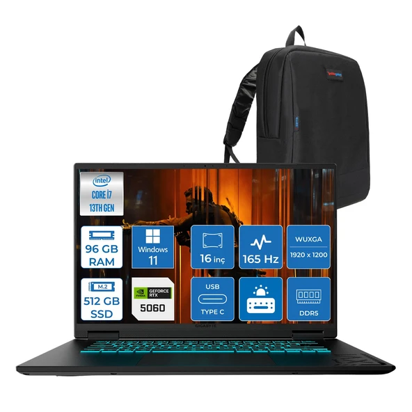 Gıgabyte Gamıng A16CVH Intel® Core™ I7-13620H Ddr5 96GB 512GB SSD 16INÇ 8GB/RTX5060 IPS Wuxga (1920X1200) 165Hz, 300NITS WINDOWS11HOME Gaming Laptop WA16CVHH41+ZETTAÇANTA ürün görseli 1