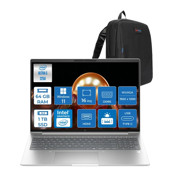 Hp Elitebook 6 G1I Intel® Core Ultra 5 225U 64GB Ddr5 1tb SSD 16" Wuxga (1920X1200) IPS 300NIT WIN11PRO Taşınabilir Bilgisayar AD4G3ETP18+ZETTAÇANTA ürün görseli 1