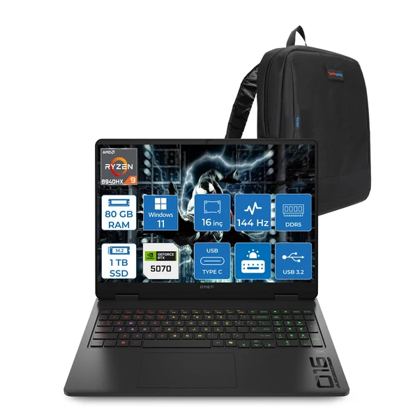 Hp Omen 16-AP0019NT Amd Ryzen™ 9 8940HX Aı 80GB Ddr5 1tb SSD 8GB/RTX5070 Gddr7 16 Inç 144 Hz, IPS 300 Nit 1920 x 1200 Wuxga WIN11HOME Gaming BILG.C12CNEAH23+ZETTAÇANTA ürün görseli 1