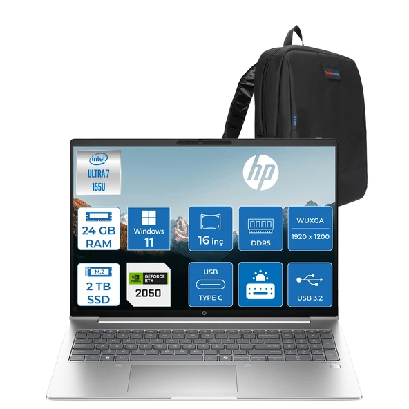 Hp Probook 460 G11 Intel Core Ultra 7 155H Ddr5 24GB 2tb SSD Windows 11 Home RTX2050 4gb 16" Wuxga (1920 x 1200) IPS Taşınabilir Bilgisayar A23BYEAH09 + Zetta Çanta ürün görseli 1