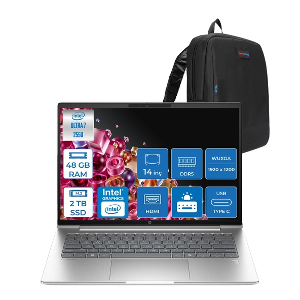 Hp Probook 4 G1I Intel® Core Ultra 7 255U 48GB Ddr5 2tb SSD 14" Wuxga (1920 x 1200), IPS 300 Nits  Freedos Taşınabilir Bilgisayar C9FH1ETF14+ZETTAÇANTA ürün görseli 1
