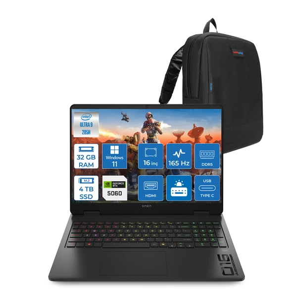 Hp Omen Slim 16-AM0000NT Intel Core Ultra 9 285H 32GB Ddr5 4tb SSD RTX5060 8gb Gddr7 16 Inç Wuxga (1920X1200) 165Hz 400NITS 3ms IPS Windows 11 Home Taşınabilir Bilgisayar BQ3Z2EAH16 + Zetta Çanta ürün görseli 1