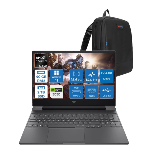 Hp Victus 15-WFB3036NT Amd Ryzen 5 Aı 340 40GB Ddr5 2tb SSD Windows 11 Pro Nvidia Geforce 8gb RTX5050 15.6 Inç Fullhd (1920X1080) IPS 144HZ Taşınabilir Bilgisayar CA8E7EAP19 + Zetta Çanta ürün görseli 1
