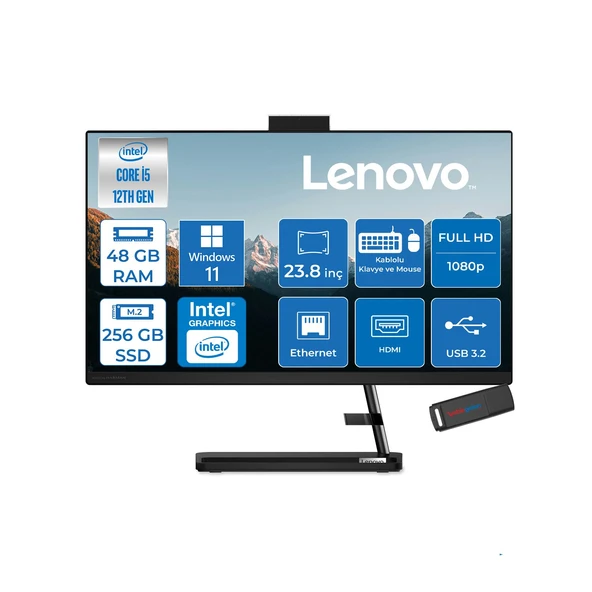 Lenovo Ideacentre Aıo 3 24IAP7 Intel Core I5 12450H 48GB 256GB SSD WIN11PRO 23.8" Fhd (1920X1080) IPS 250NITS All In One Bilgisayar Siyah F0GH01J1TRP21+ZETTAUSBBELLEK ürün görseli 1