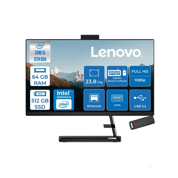 Lenovo Ideacentre Aıo 3 24IAP7 Intel Core I5 12450H 64GB 512GB SSD Freedos 23.8" Fhd (1920X1080) IPS 250NITS All In One Bilgisayar Siyah F0GH01J1TRF27+ZETTAUSBBELLEK ürün görseli 1