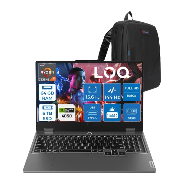 Lenovo Loq 15ARP9 Amd Ryzen 5 7235HS 64GB Ddr5 6tb SSD Freedos RTX4050 6gb 105W 15.6" Fhd (1920X1080) IPS 300NITS 144Hz Gaming Laptop 83JC00H4TRF41 + Zetta Çanta ürün görseli 1