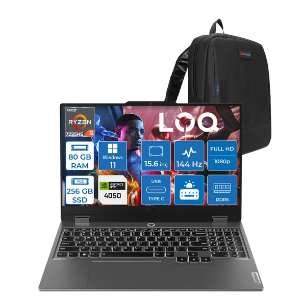 Lenovo Loq 15ARP9 Amd Ryzen 5 7235HS 80GB Ddr5 256GB SSD Windows 11 Pro RTX4050 6gb 105W 15.6" Fhd (1920X1080) IPS 300NITS 144Hz Gaming Laptop 83JC00H4TRP43 + Zetta Çanta ürün görseli 1