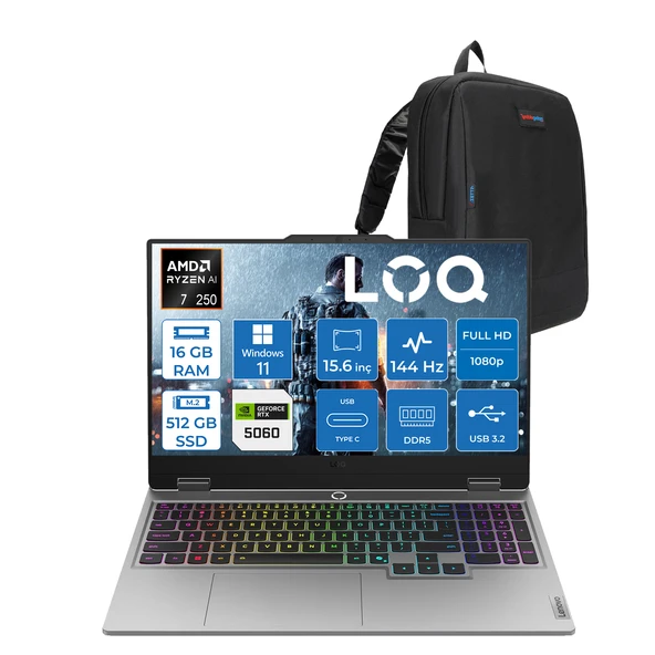 Lenovo Loq 15AHP10 Amd Ryzen 7 250 16GB Ddr5 512GB SSD Windows 11 Home RTX5060 8gb 100W 15.6" Fhd (1920X1080) IPS 300NITS 144Hz Gaming Laptop 83JG006ETRH02 + Zetta Çanta ürün görseli