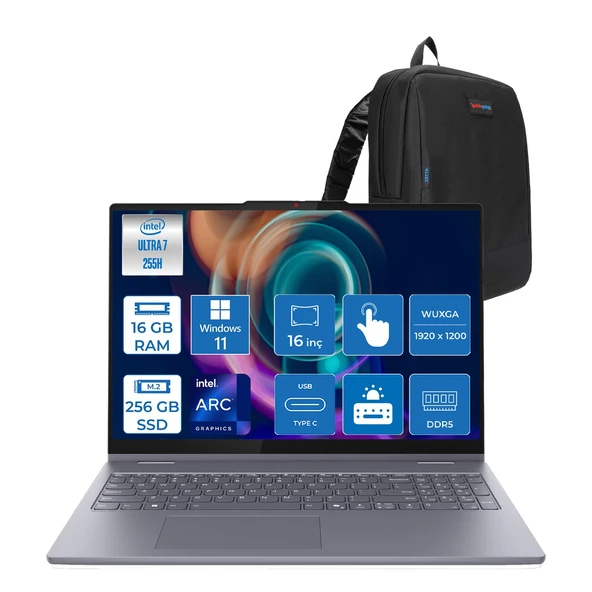 Lenovo Ideapad 5 2-In-1 16AIL10 Intel Core Ultra 7 255H Aı 16GB 256GB SSD 16" Wuxga  IPS 300NITS Intel® Arc™ 140T WIN11PRO Dokunmatik +Digital Pen2 Taşınabilir Bil 83KS002ATRP01+ZETTAÇANTA ürün görseli 1