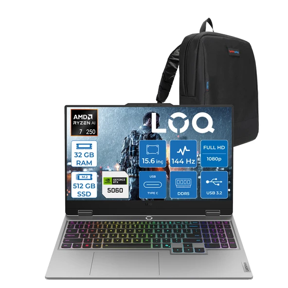 Lenovo Loq 15AHP10 Amd Ryzen 7 250 32GB Ddr5 512GB SSD Freedos RTX5060 8gb 100W 15.6" Fhd (1920X1080) IPS 300NITS 144Hz Gaming Laptop 83JG006ETRF16 + Zetta Çanta ürün görseli