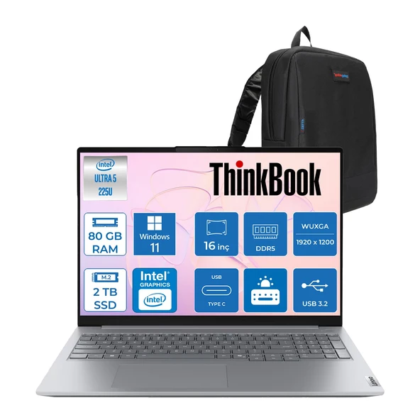 Lenovo Thinkbook 16 Gen 8 Ial Intel Core Ultra 5 225U 80GB Ddr5 2tb SSD Windows 11 Pro Intel Aı Boost 16 Inç Wuxga (1920 x 1200) IPS 300NITS Taşınabilir Bilgisayar 21SK007VTXP46 + Zetta Çanta ürün görseli 1