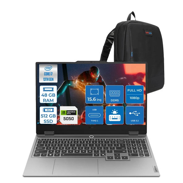 Lenovo Loq 15IRX10 Intel® Core I7-13700HX 48GB Ddr5 512GB SSD 15.6" 8GB/RTX5050 100W (1920X1080) IPS 300NITS 144Hz, G-Sync® Freedos Gaming BILG.83JE00KMTRF12+ZETTAÇANTA ürün görseli