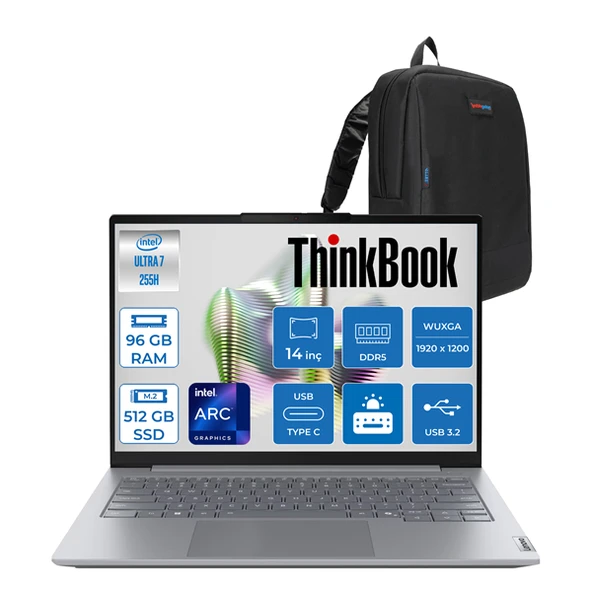 Lenovo Thinkbook 14 G8 Ial Intel Core Ultra 7 255H 96GB Ddr5 512GB SSD Intel Arc 140T 14" Wuxga IPS 300NITS Windows 11 Home Taşınabilir Bilgisayar 21SJ007BTXH21 + Zettaçanta ürün görseli 1