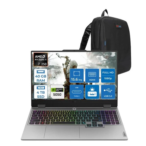 Lenovo Loq Amd Ryzen 7 250 40GB Ddr5 4tb SSD 8GB/RTX5050/100W 15.6" Fhd IPS 300NITS 100% Srgb 144Hz Freedos Taşınabilir Bilgisayar 15AHP1050F16 + Zettaçanta ürün görseli 1