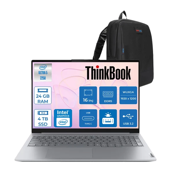 Lenovo Thinkbook 16 Gen 8 Ial Intel Core Ultra 5 225U 24GB Ddr5 4tb SSD Freedos Intel Aı Boost 16 Inç Wuxga (1920 x 1200) IPS 300NITS Taşınabilir Bilgisayar 21SK007VTXF12 + Zetta Çanta ürün görseli 1