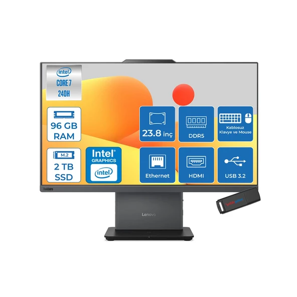 Lenovo Thınkcentre Neo 50A Intel Core 7 240H 96GB Ddr5 2tb SSD Intel Graphics 23.8" Fhd IPS 250NITS 99% Srgb Freedos All In One Bilgisayar 12SC004MTRF23 + Zettausbbellek ürün görseli