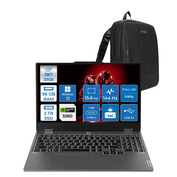 Lenovo Loq 15IRX10 Intel® Core I7-13650HX 96GB Ddr5 2tb SSD 15.6" 8GB/RTX5060 100W (1920X1080) IPS 300NITS 144Hz, G-Sync® WIN11HOME Gaming BILG.83JE00ETTRH29+ZETTAÇANTA ürün görseli