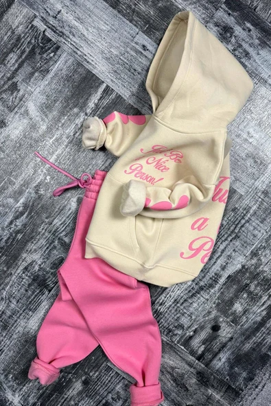 Kız Çocuk Sırt Baskılı ve Kollarında Yazı Detaylı Sweatshirt Pembe Eşofman Takım - Resim 5