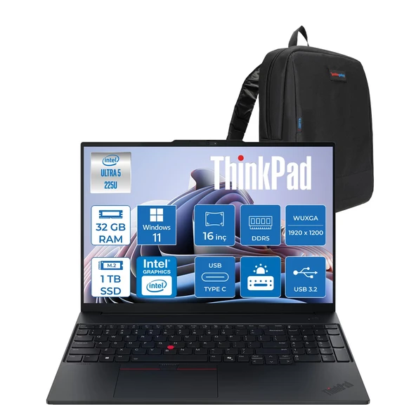 Lenovo Thinkpad E16 Gen 3 Intel Core Ultra 5 225U 32GB Ddr5 1tb SSD Windows 11 Home Intel Aı Boost 16 Inç Wuxga (1920 x 1200) IPS 300NITS Taşınabilir Bilgisayar 21SR006VTXH13 + Zetta Çanta ürün görseli