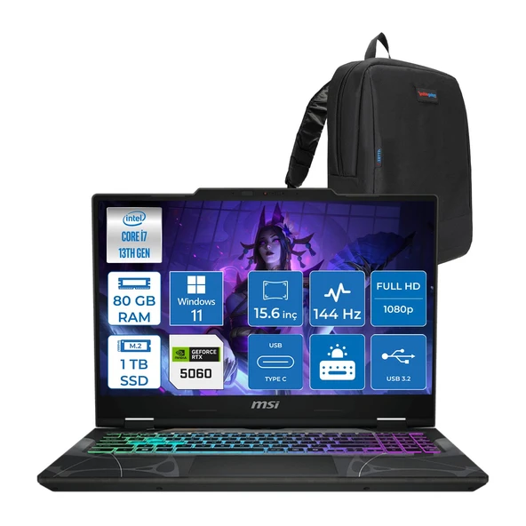 Msı Cyborg 15 Intel Core I7 13620H 80GB Ddr5 1tb SSD RTX5060 Gddr7 8gb Windows 11 Pro 15.6" Fullhd (1920X1080) 144HZ IPS Taşınabilir Bilgisayar B13WFKG490XTRP33 + Zetta Çanta ürün görseli 1