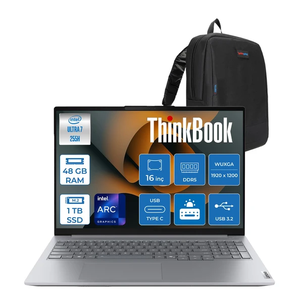 Lenovo Thinkbook 16 Gen 8 Ial Intel Core Ultra 7 255H 48GB Ddr5 1tb SSD Freedos Intel Arc 140T 16 Inç Wuxga (1920 x 1200) IPS 300NITS Taşınabilir Bilgisayar 21SK007UTXF31 + Zetta Çanta ürün görseli 1