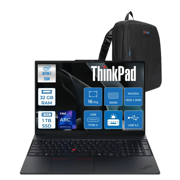 Lenovo Thinkpad E16 Gen 3 Intel Core Ultra 7 255H 32GB Ddr5 1tb SSD Freedos Intel Arc 140T 16 Inç Wuxga (1920 x 1200) IPS 300NITS Taşınabilir Bilgisayar 21SR006RTXF13 + Zetta Çanta ürün görseli